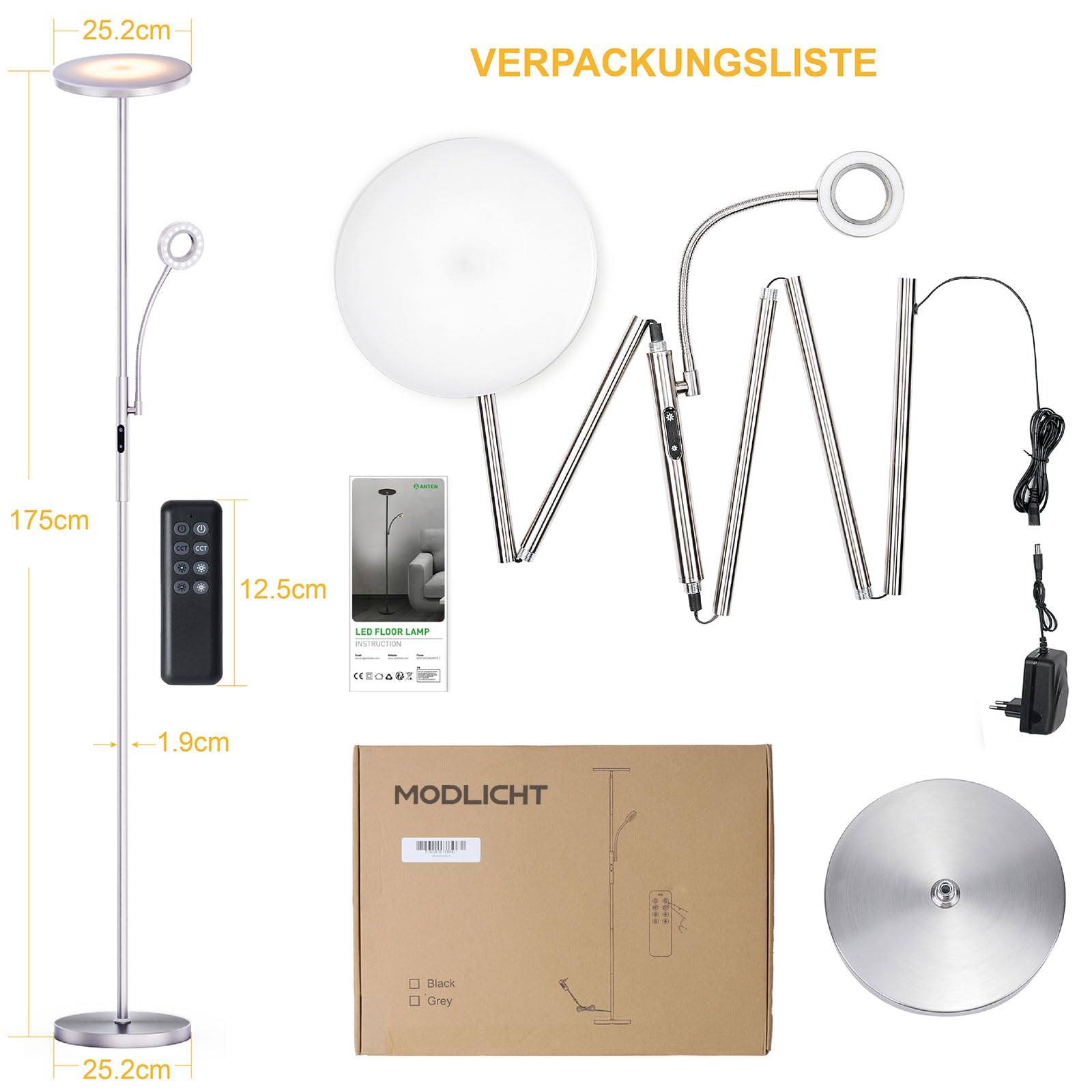 Modlicht 35W Stehlampe LED Dimmbar Silber, 4200LM Deckenfluter LED mit Leselampe, 3000-6000K Stehleuchte Wohnzimmer mit Fernbedienung & Touch-Steuerung, Stehlampe Leselampe für Schlafzimmer Büro