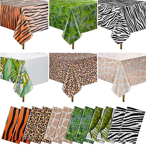 12Pack Animal Safari Tablecloth Jungle Animal Zoo Theme Party Table Cloth Leopard Tiger Zebra Giraffe Palm Leaf Print Table Cover for Rainforest Birthday Baby Shower Party Decorations (Six Styles)