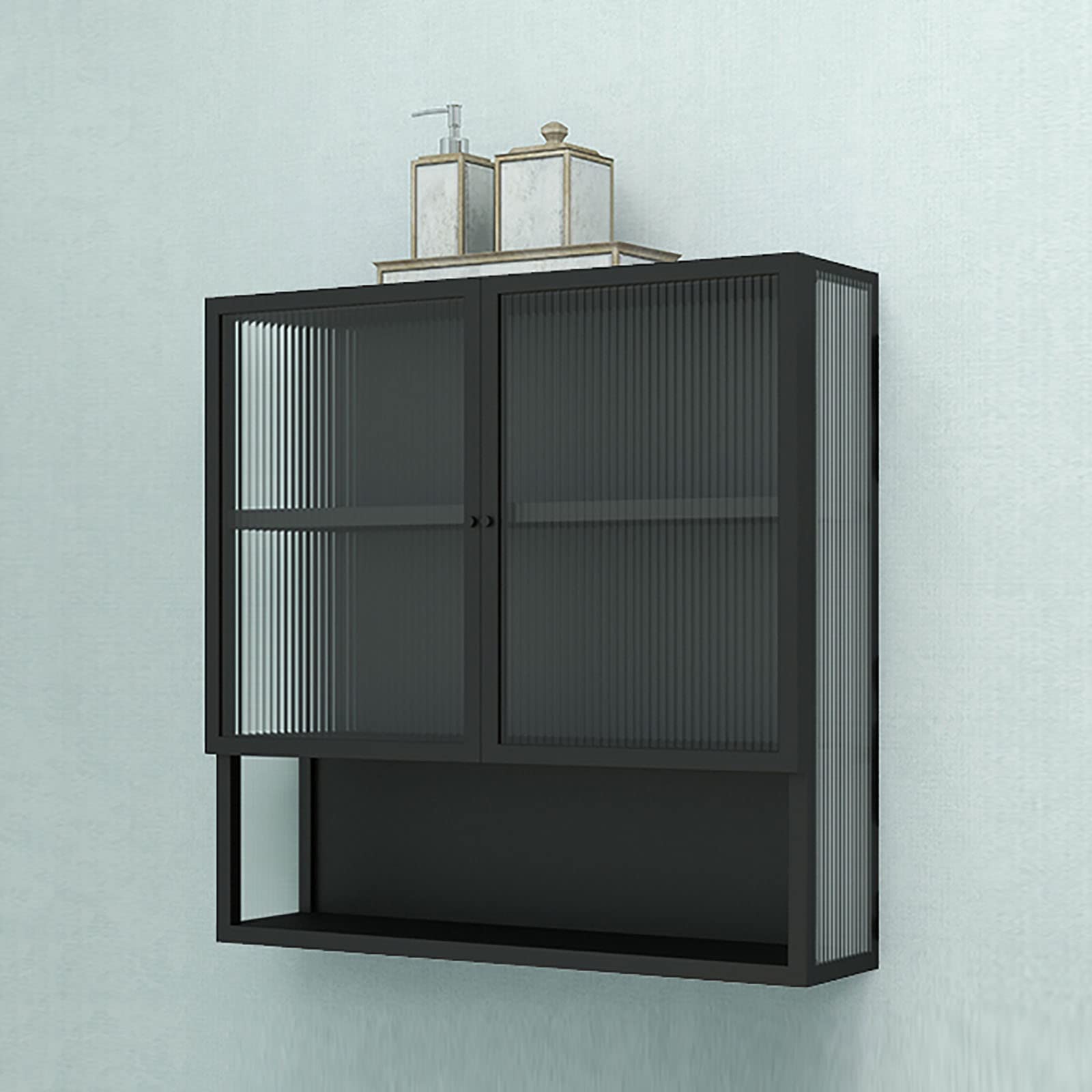 Bathroom Wall Cabinet Glass Medicine Cabinet, Multipurpose Home Kitchen Medicine Storage Organizer with 2-Doors and 1 Open Shelf, for Bathroom, Living Room, Kitchen, Toilet