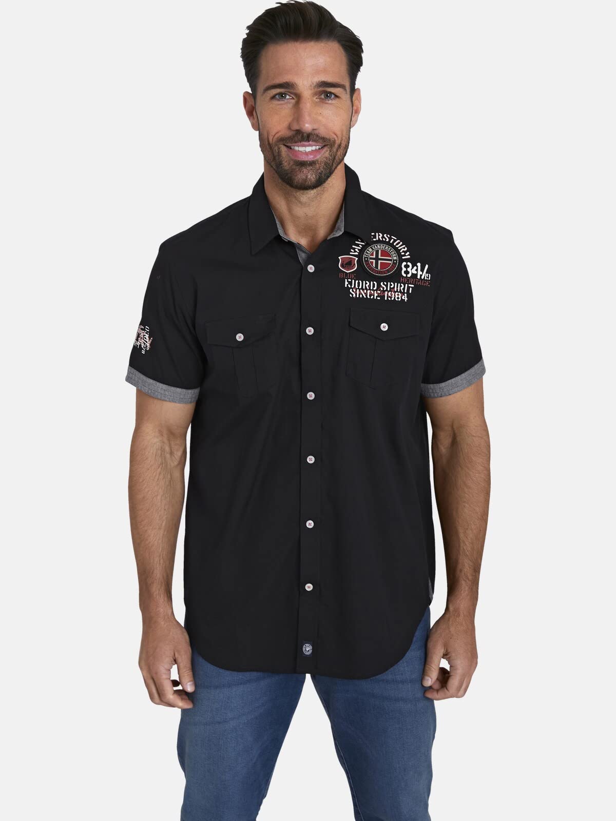 Jan Vanderstorm Herren Kurzarmhemd Snofred | mit Aufnähern und Druckmotiven, Brusttaschen, 100% Baumwolle-Popeline, Freizeithemd, kariert, große Größen Gr. L-7XL