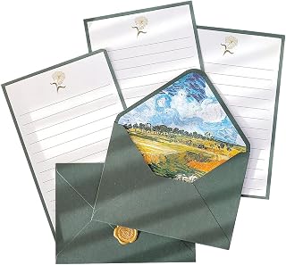 moin moin 信笺套装 便笺 手信 梵高 信笺 8张 + 信封 6张 + 封蜡印 模具 凸起 贴纸 6张 套装/画作 艺术 艺术品 (绿色 全套) 2203ltrs19