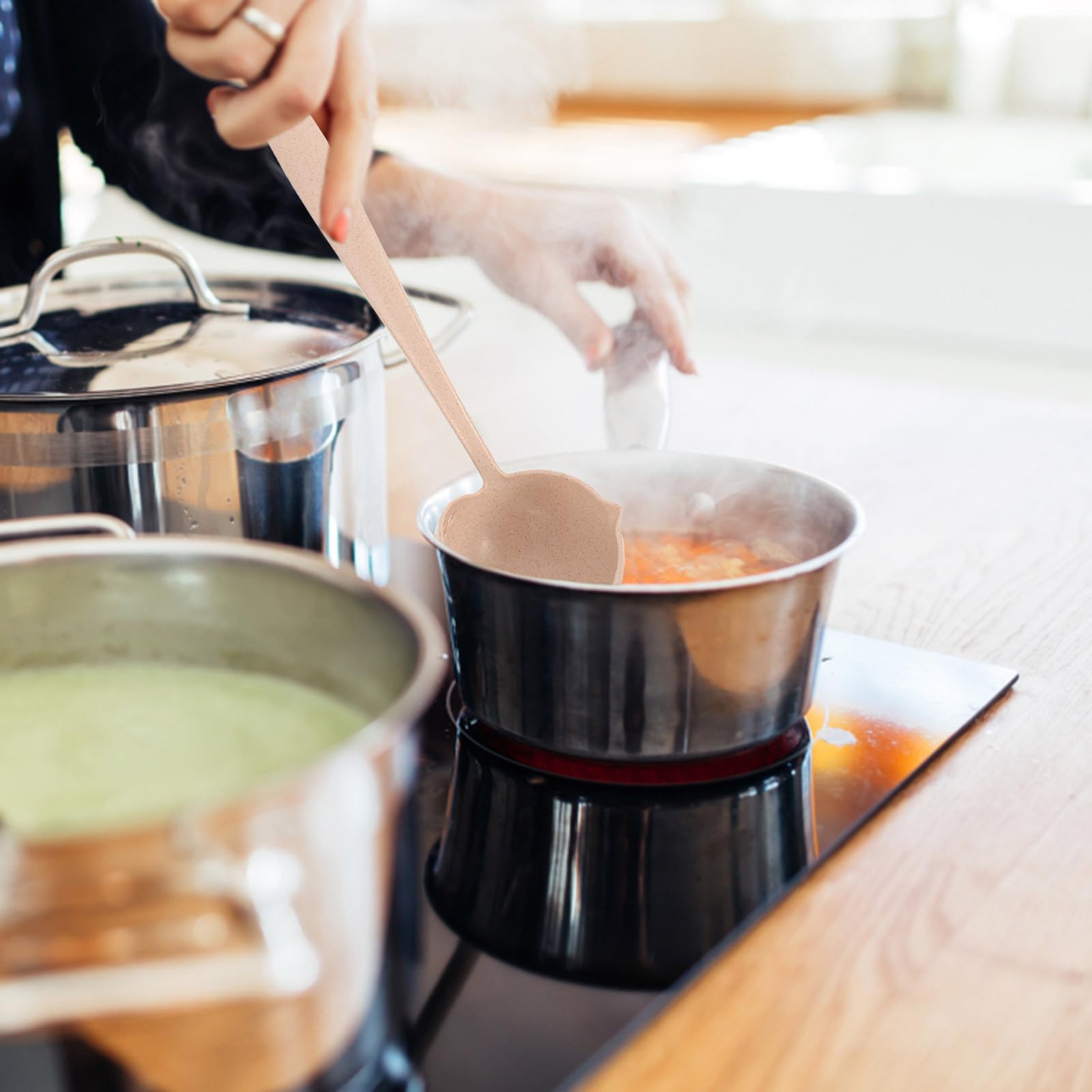 HANABASS 2-in-1 Silicone Soup Ladle with Strainer - Heat-Resistant Cooking Spoon for Separating Liquids/Solids, Beige Kitchenware (Plastic Handle, Pan Filter Tool) - Image 6