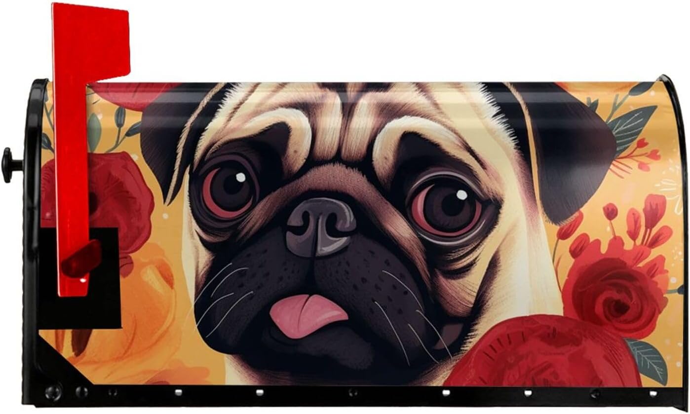 Mailbox Cover Mailbox Wraps Post Letter Box Cover Pug Flower Mailbox Post Cover for Garden Yard Decor 25.5x21 in