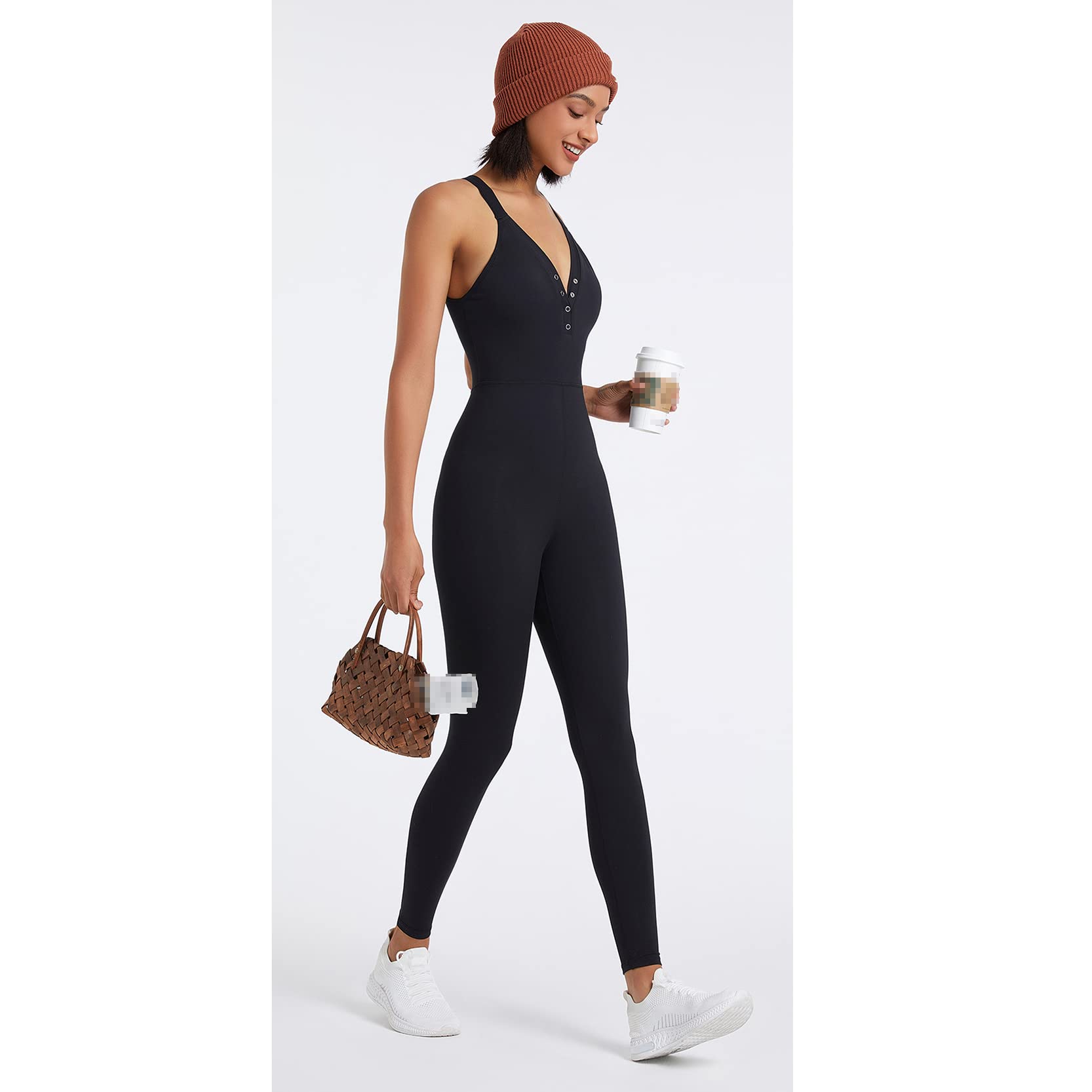 Mono deportivo de yoga de una pieza para mujer negro,Mono sin mangas con escote en V y espalda de belleza,Ropa de gimnasio todo en uno,Jumpsuit Estiramiento transpirable