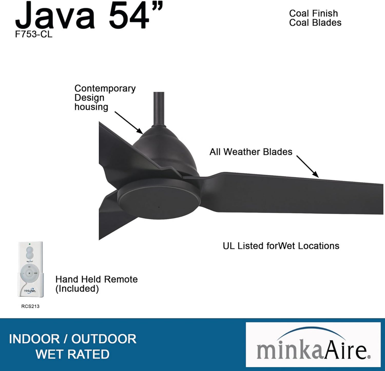 Minka-Aire F753-CL Java 54 Inch Outdoor 3 Blade Ceiling Fan in Coal Finish