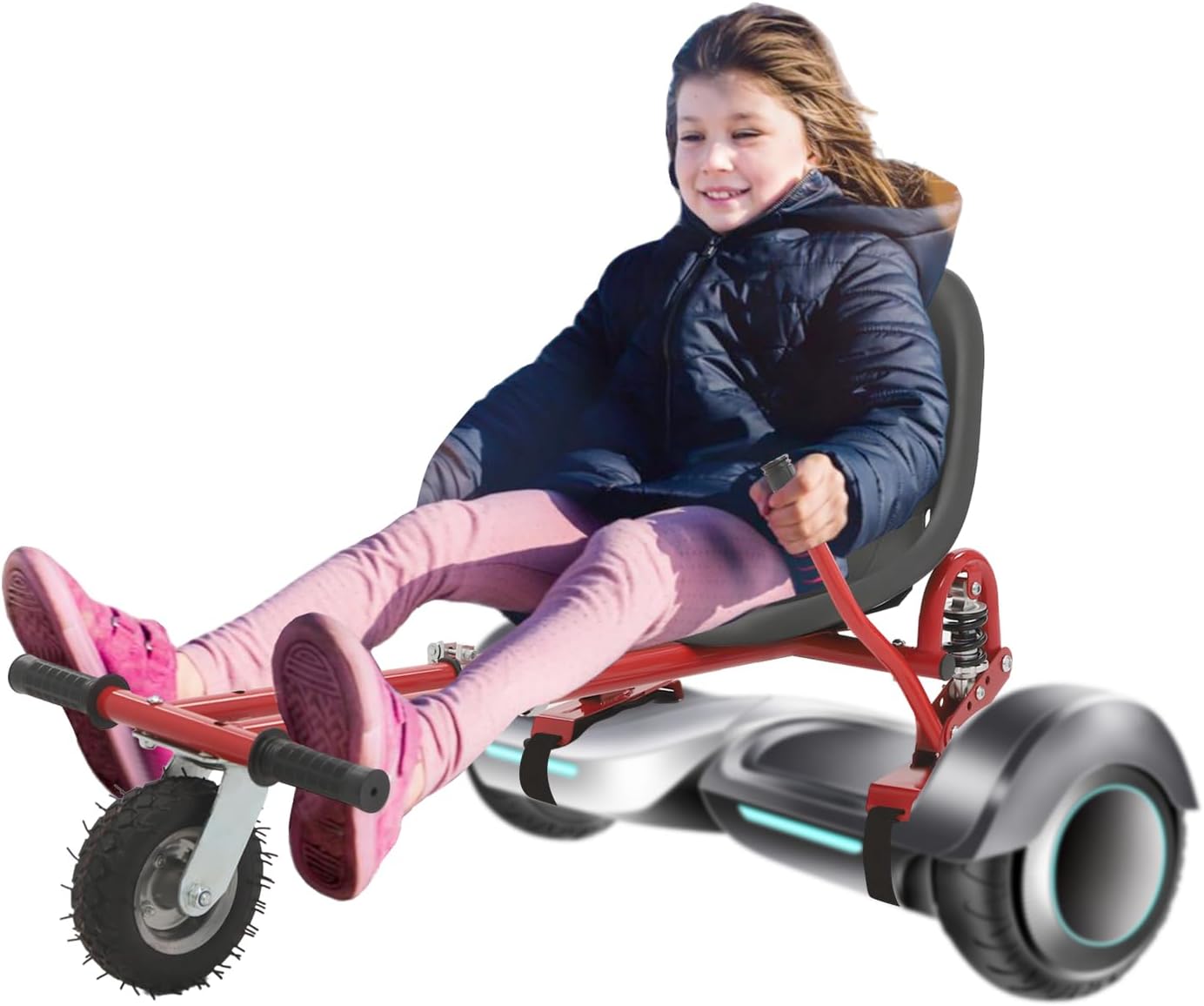 Hoverboard Seat Attachment, Hoverboard Go Kart with Doual Pole Rear Shock Absorption, Adjustable Frame Length and Handlebar Control Buggy Attachment, Suitable for 6.5" 8" 10" Balancing Scooter (Red)