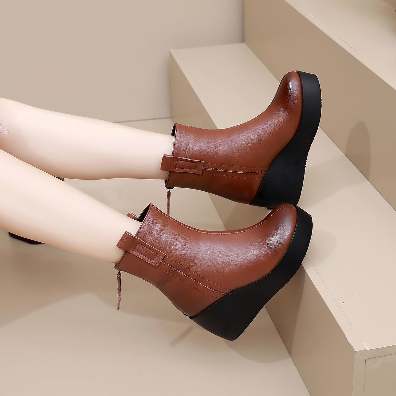 Lossarye Women's Leather Platform Wedges Ankle Boots with Back Zipper Fashion Vintage Round Toe Comfortable Warm Lining Casual High Top Soft Sole Anti-slip Booties