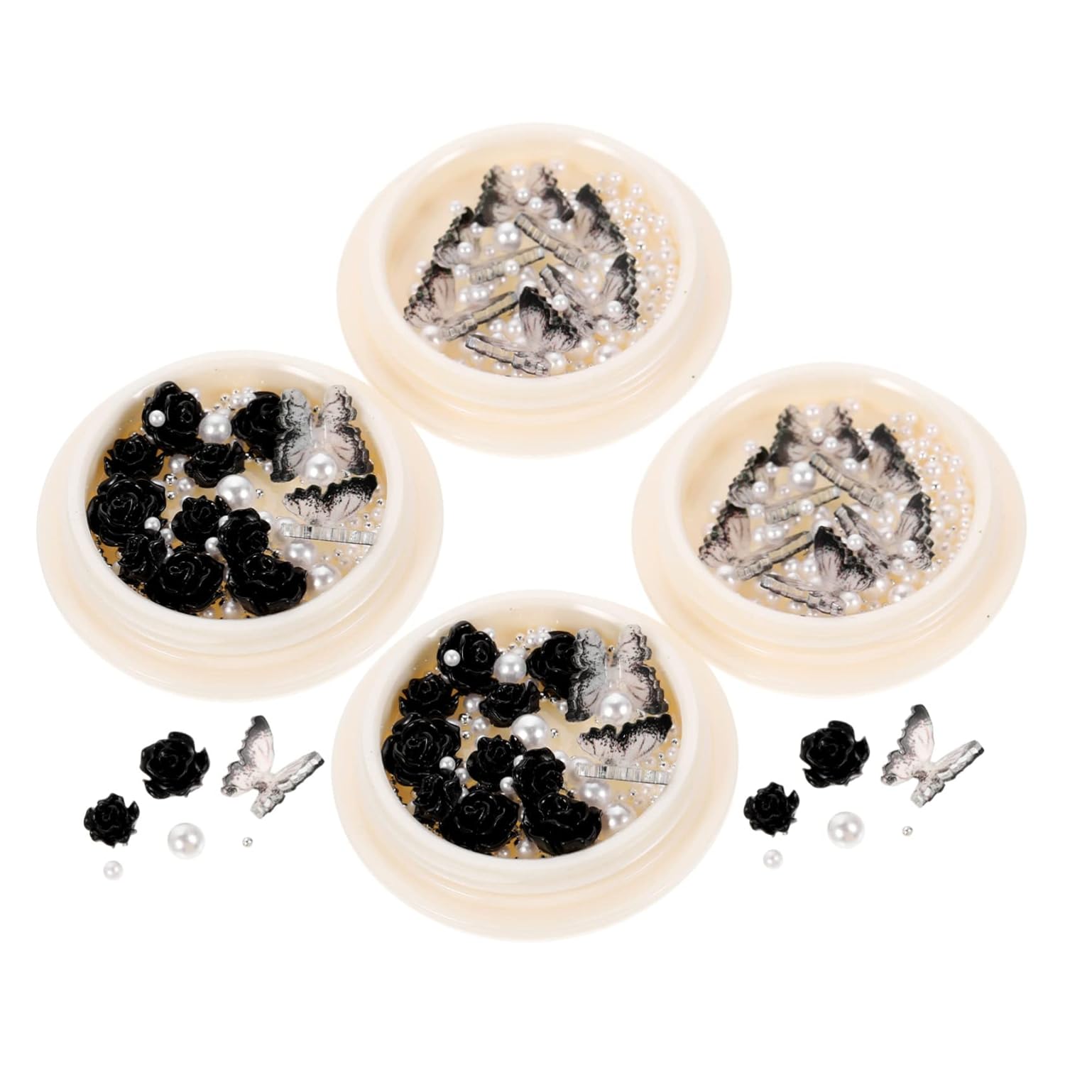 5sets Black Nail Rhinestones Pearl Rhinestones Flatback Nail Charms Art Gems Studs 4boxes * 5