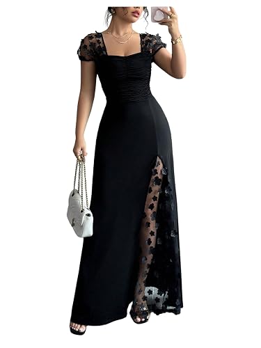 GORGLITTER Women's Sheer Mesh Formal Cocktail Maxi Dresses Flower Ruched Summer Dinner Birthday Slimming Organza Dress - Small - Black