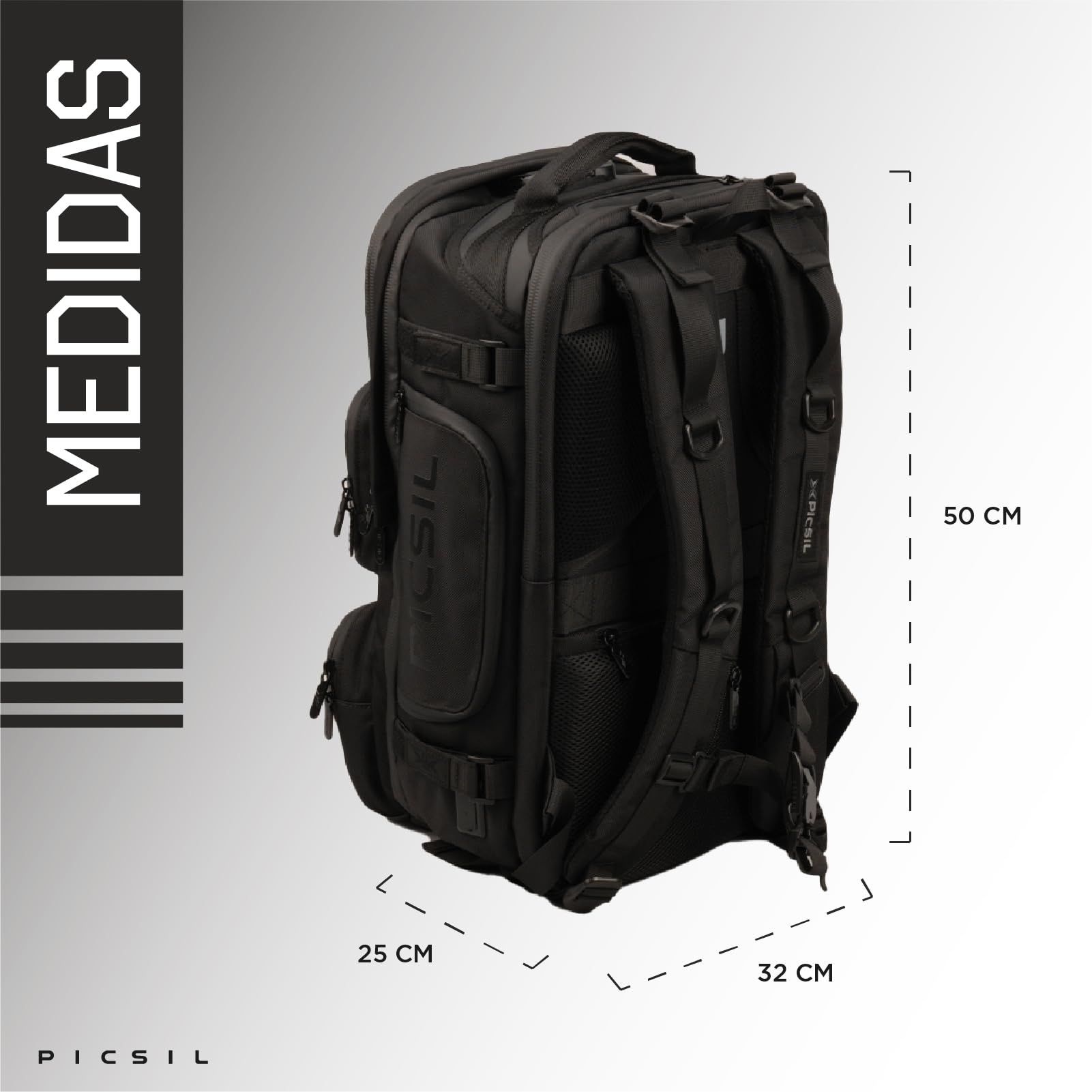 PICSIL Maverick, Mochila Táctica, Múltiples bolsillos - 40L, Moonless | Impermeable y resistente. Backpack con bolsillo térmico, puerto USB y compartimientos intelligentes. Para viaje o deporte.