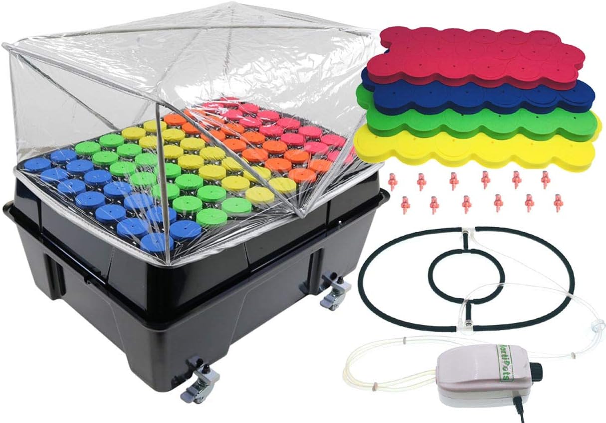 HORTIPOTS Plant Cloning Machine 70 site with Oxygen Bubbler Kit and Extra 1.625 inch 4-Color-Mixed Neoprene Clone Collars Pack of 72