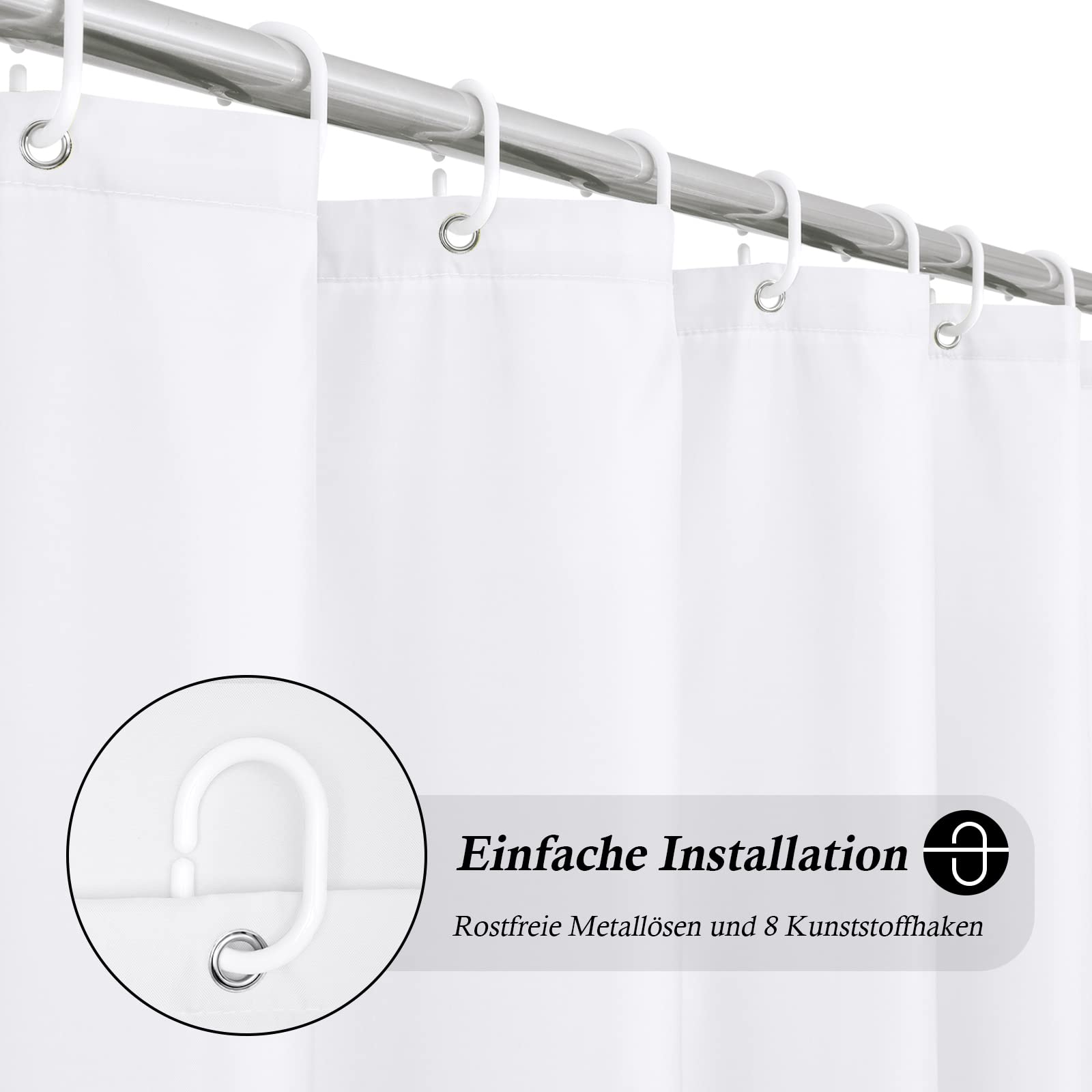 EurCross Cortina de ducha de 120 x 180 cm, tela blanca, cortinas de ducha, cortas e impermeables, lavable, antimoho, cortina de baño con 8 anillas de cortina de ducha y dobladillo con peso