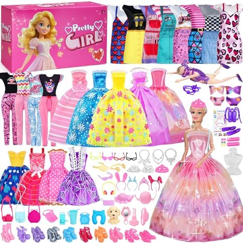 122pcs Puppenkleidung und Zubehör - mit Puppensets, Modepaket Spielset einschließlich Hochzeitskleider / Kleider / Aufhänger / Schuhe / Outfit, Fashionista Prinzessin Puppen Spiels