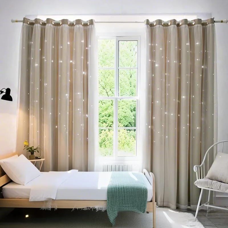 ABREEZE Hollow-Out Stars Blackout Curtains with Sheer Drapes - Mix & Match Voile Tulle Grommet Top Window Treatments Home Decoration for Girls'Bedroom