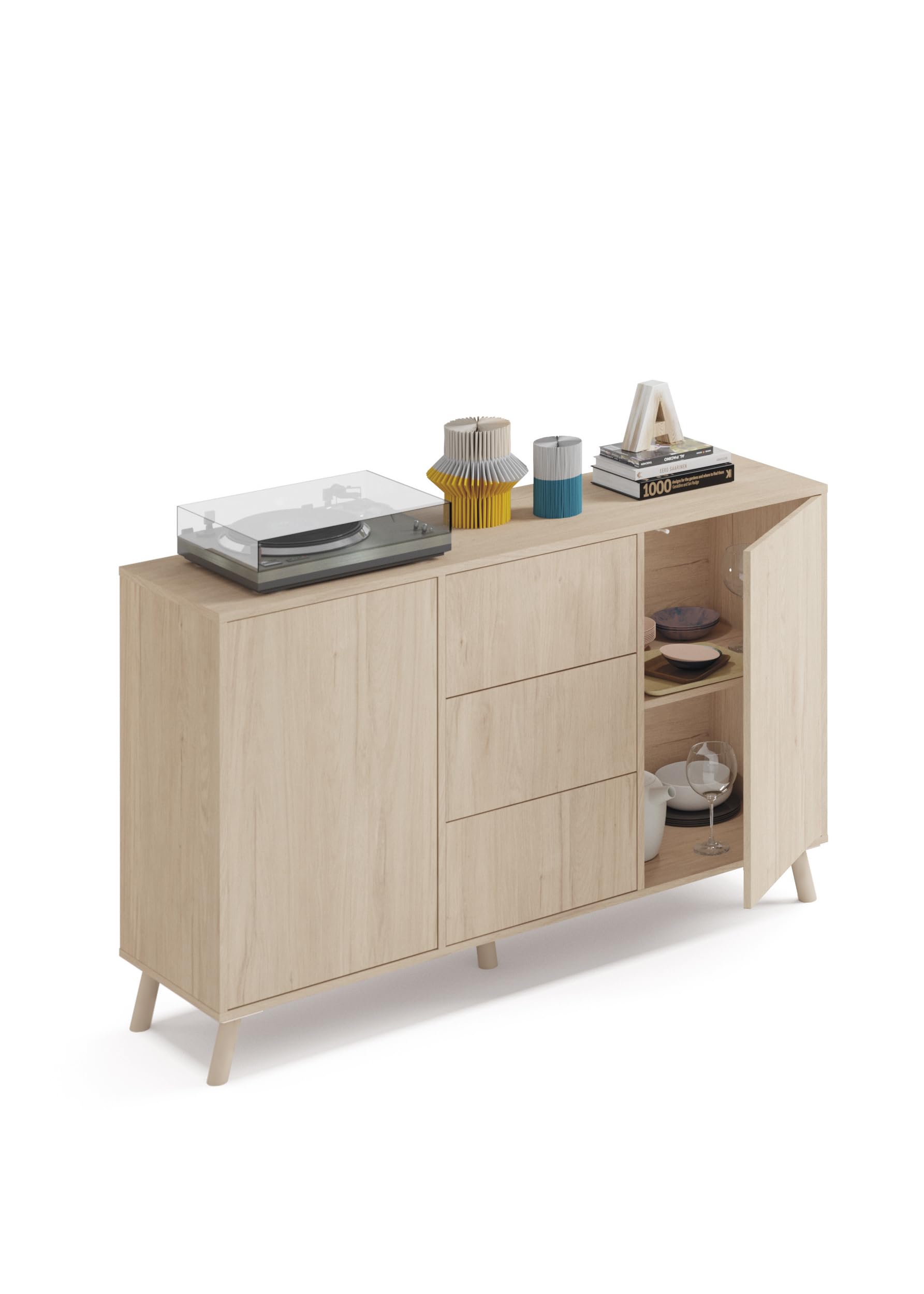 MUEBLES PITARCH | Aparador Salón Comedor, Buffet, Mueble Auxiliar, 2 Puertas y 3 Cajones, Roble Aurora, 89x140x40cm, Despensa, Cocina, Despacho, Tirador Push o Pulsador, Moderno, Nórdico, Modelo Oslo