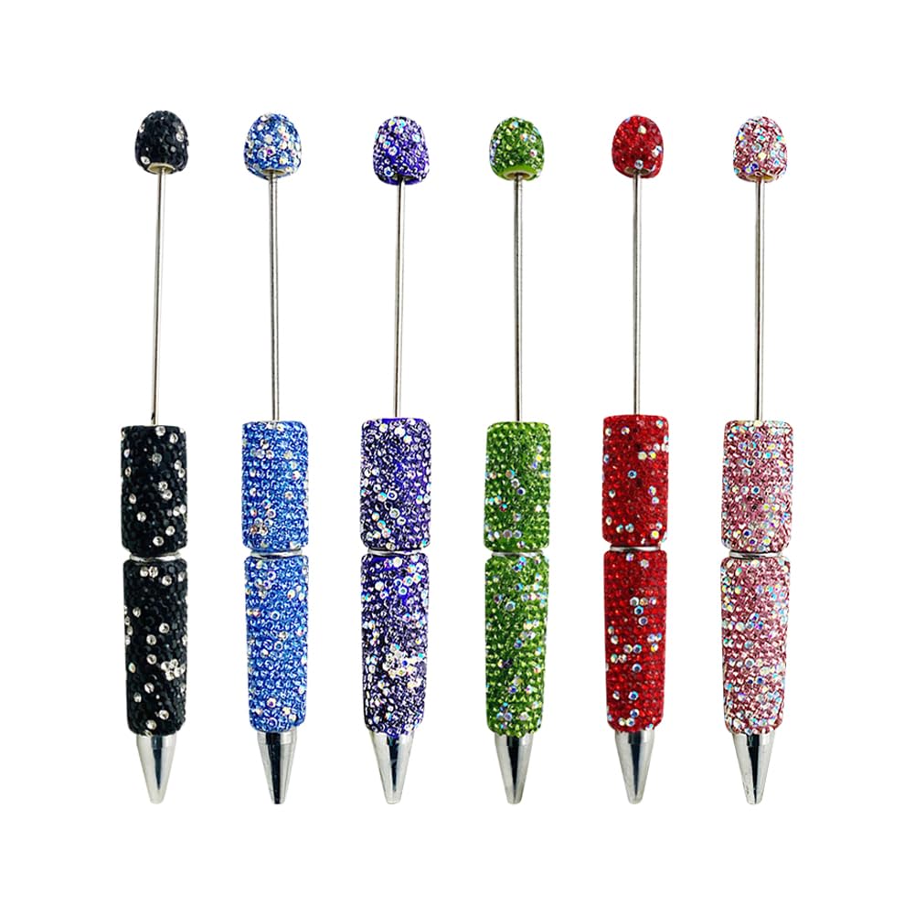JIHUOO 6 Pcs Full Rhinestone Beadable Pens Glitter Diamond Beaded Pens Retractable Beads Pens Handmade Plastic Bead Pens Bling Ballpoint Pens Cute Journaling Pens Fancy Writing Pens for Women