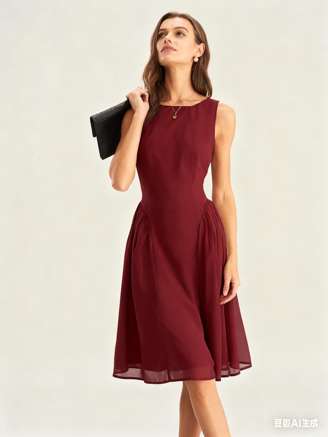 RIHOAS Women Chiffon Sleeveless Dress,Boat Neck A-Line Knee-Length Solid Ruched Elegant Midi Dress for Formal - Image 3