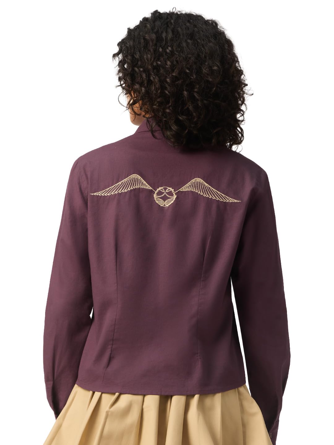 SNITCH Harry Potter: Snitch Women and Girls Full Length Sleeves Collared Wine Embroidered Cotton Linen Blend Relaxed Fit Breathable All-Season Lightweight Everyday Shirt in wine