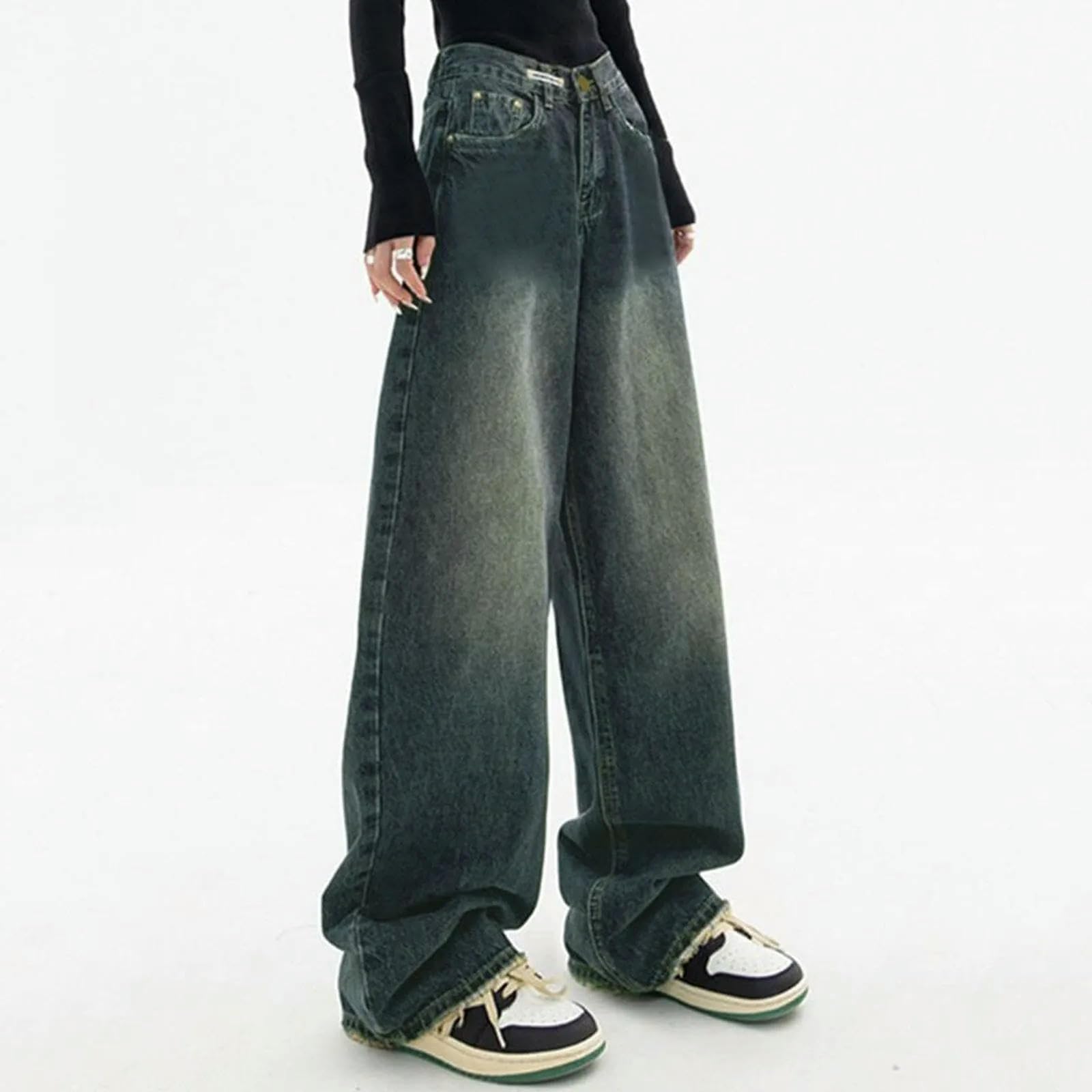 Pantalones De Mezclilla De Talle Alto De Moda Bolsillos De Calle Alta Pantalones De Mezclilla De Pierna Ancha Pantalones Vaqueros Holgados De Mujer-Azul-XXXL