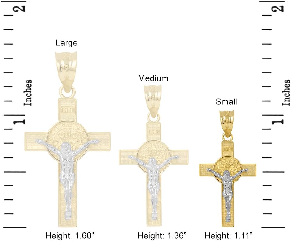 Solid 10k Two-Tone Gold St. Benedict Crucifix Cross Pendant Necklace (1.10")