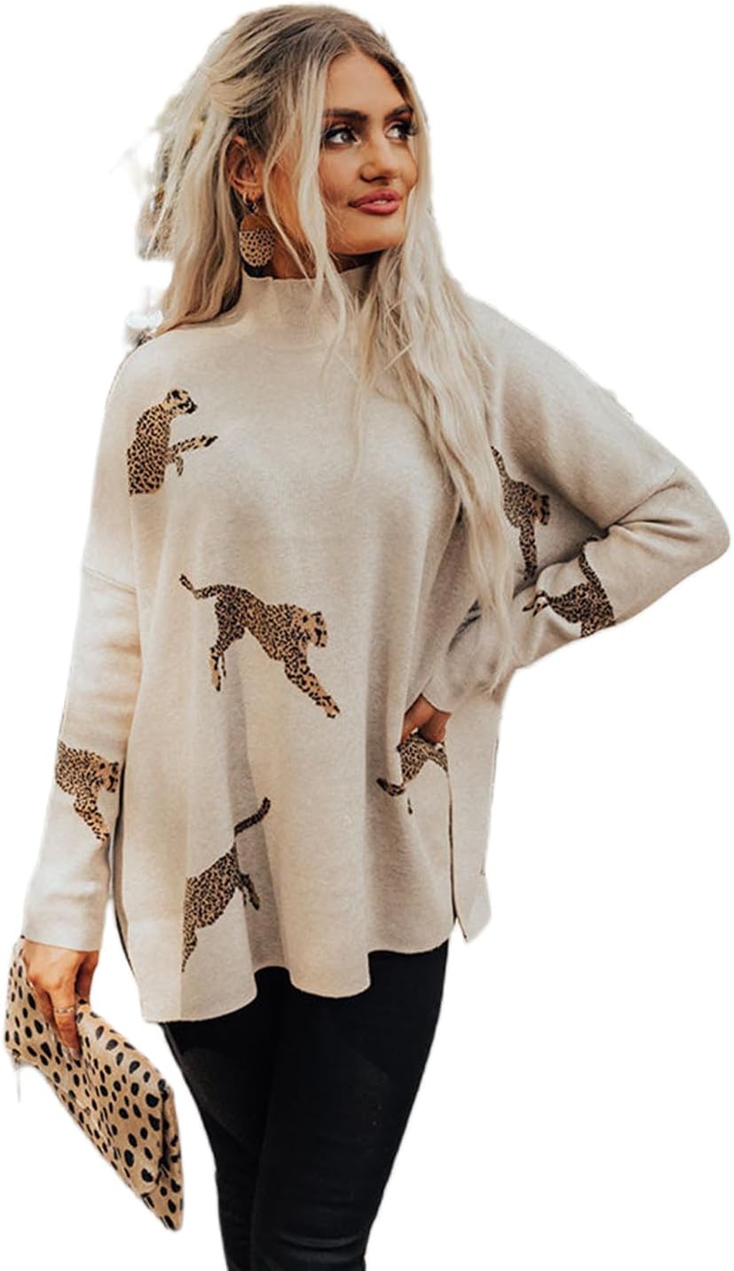 Women's Trendy Parchment Lively Cheetah Print High Neck Sweater