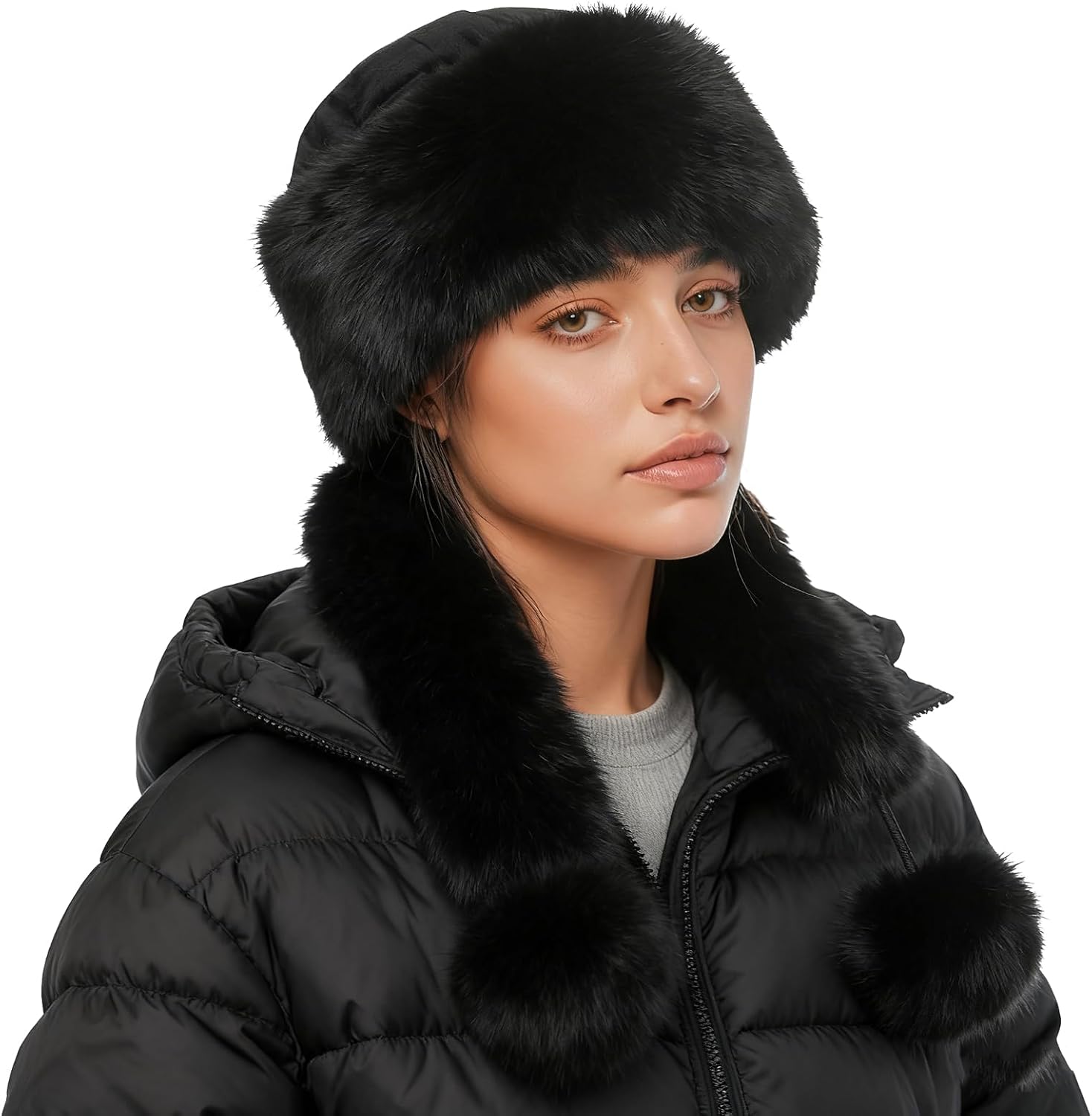 Women Faux Fur Trapper Hat with Long Ear Flaps and Cute Pompom Winter Ushanka Hat Cold Weather Windproof Warmer Headwear
