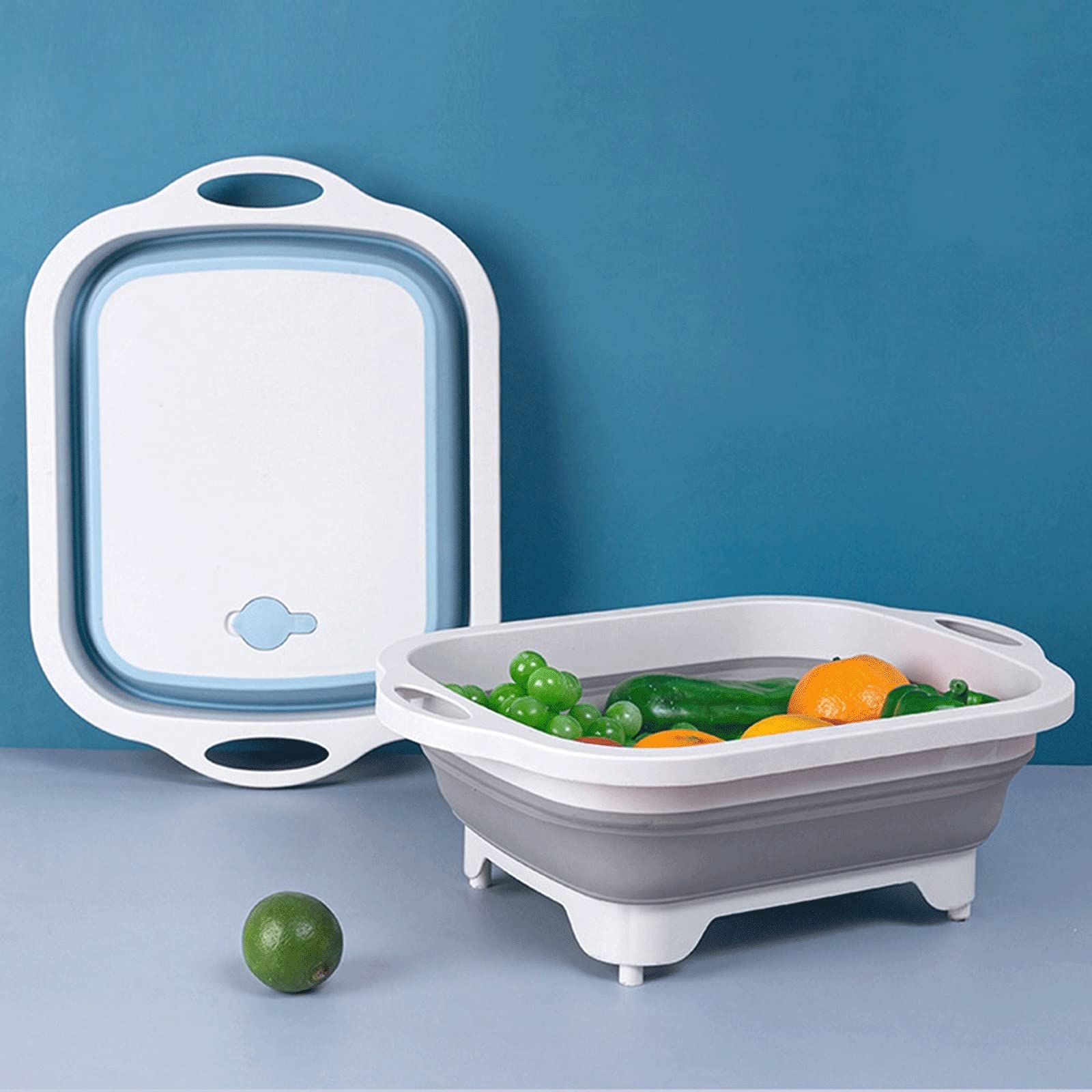 Tabla de cortar multifuncional, plegable, cesta de drenaje de doble lavado, verduras, bloques de cortar, organizador de tabla plegable de cocina (Grau)