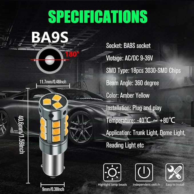 YEORO 2pcs BA9S LED Bulbs Amber 600LM 18-SMD Chips miniatura 7