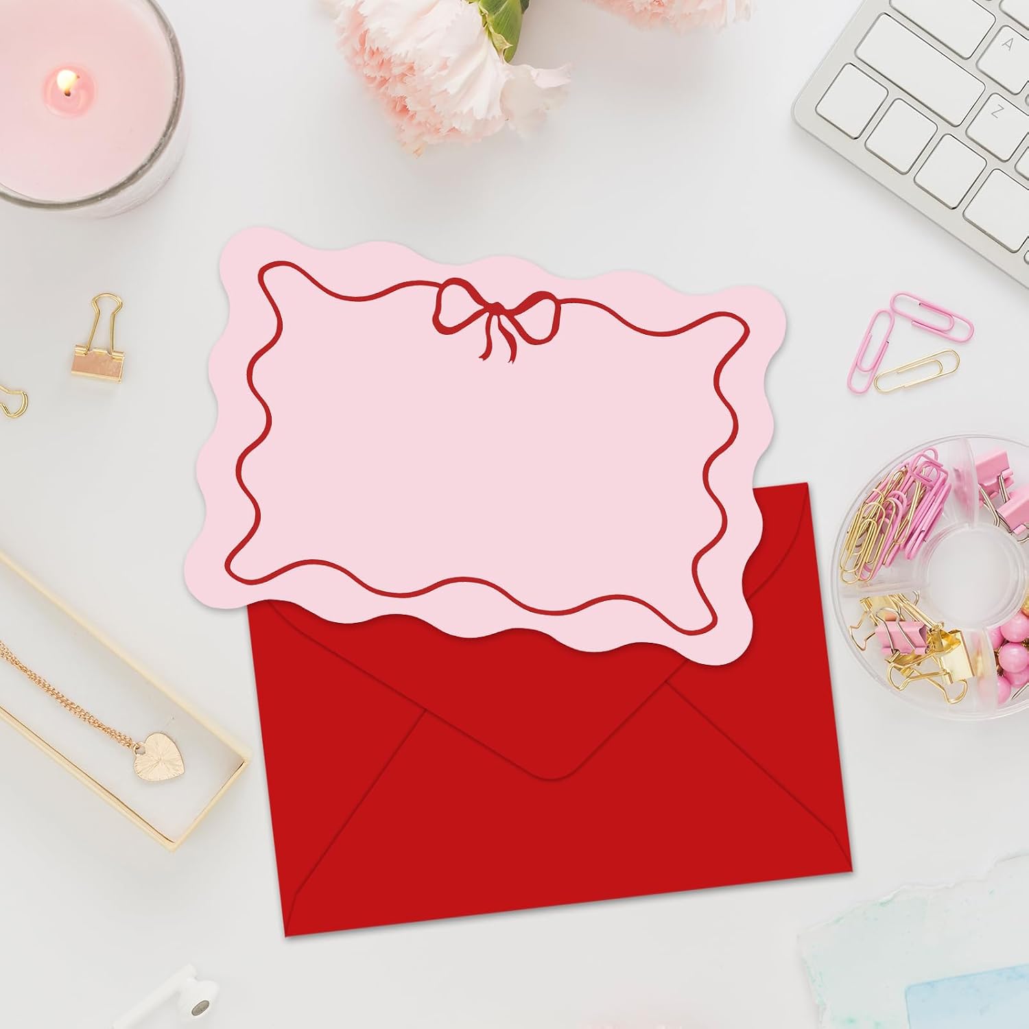 Whaline 24 Pack Red Pink Scalloped Stationery Cards with Envelopes Stickers Bow Blank Thank You Note Cards Greeting Card for Baby Shower Birthday Party Wedding Valentine's Day Invitations Supplies