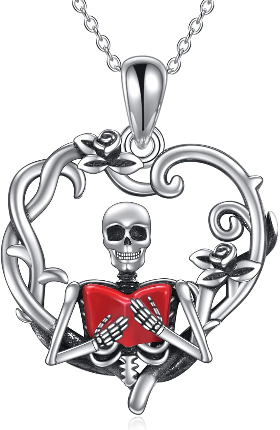 YFN 925 Sterling Silver Book Lover Necklace Reader Skull Skeleton Pendant Reders Gift Jewelry