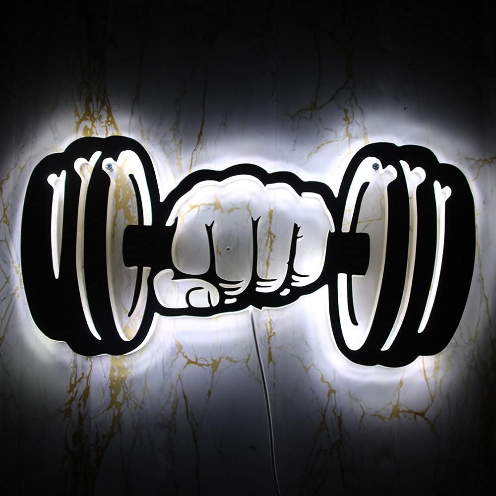 Geek Alerts Dumbbells Strength LED Wall Light Sign for Home Gym Workout Room Décor LED Lighting Artwork Mancave Fitness Emblem 3D Wall Lamp