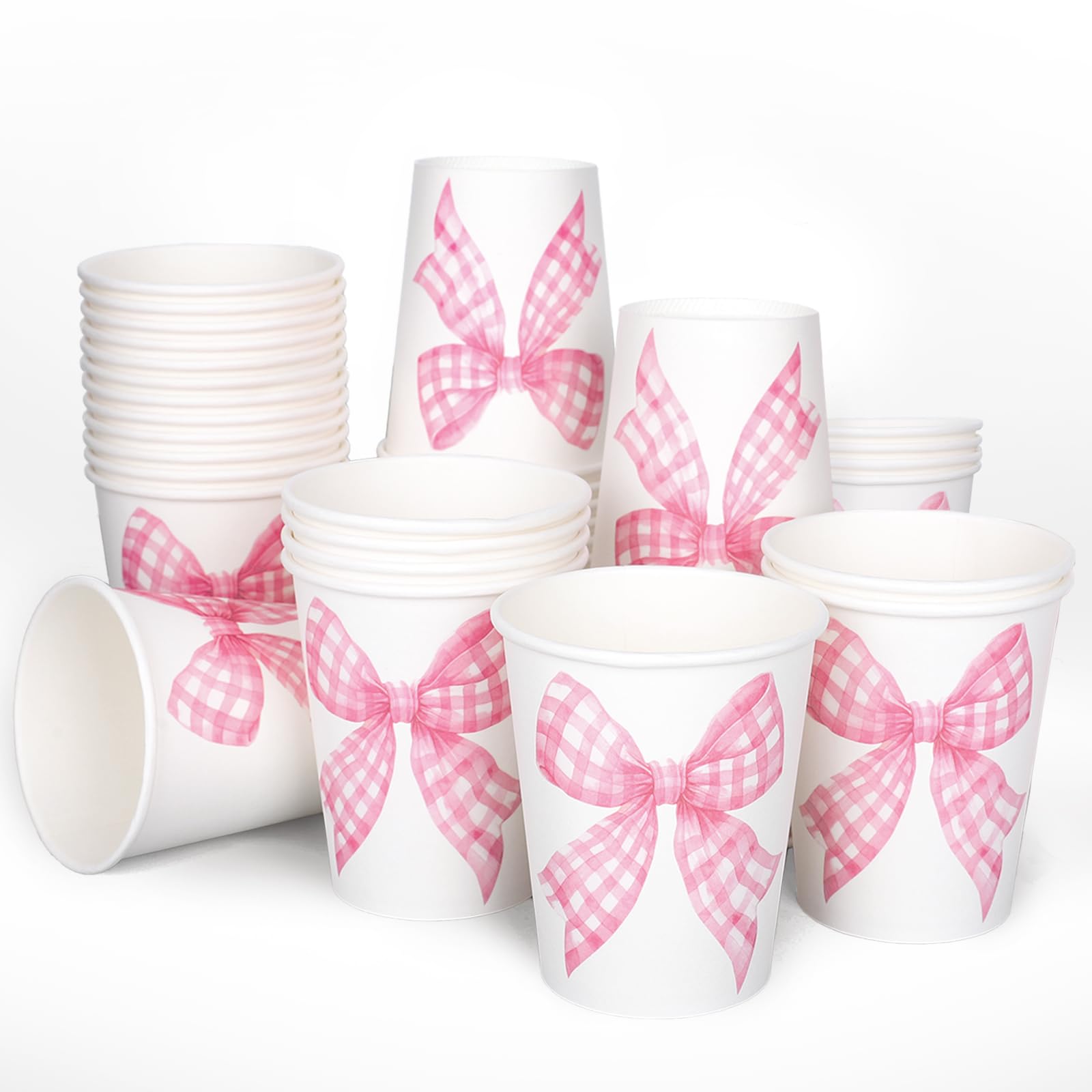 Whaline 50Pcs Bow Coquette Paper Cups Pink Plaid Ribbon Bowknot Disposable Cups For Hot Cold Drinks Birthday Baby Shower Party Table Decor Supplies, 9