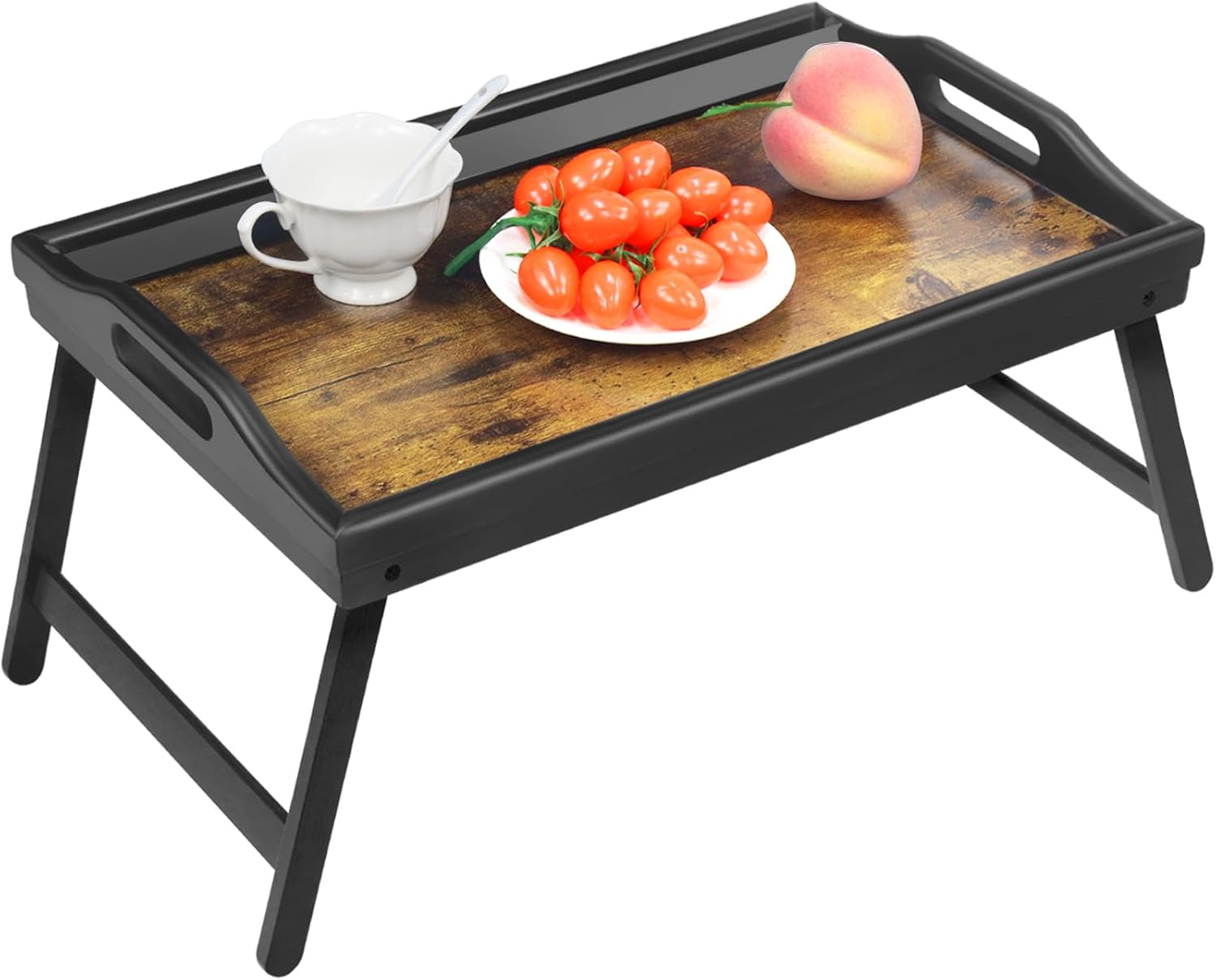 Bed Tray Table Set of 2, Bamboo Breakfast Trays with Folding Legs and Handles, Snack and Eating Lap Table, Natural Wood Color Serving Tray for Kitchen, Sofa or Bed Use