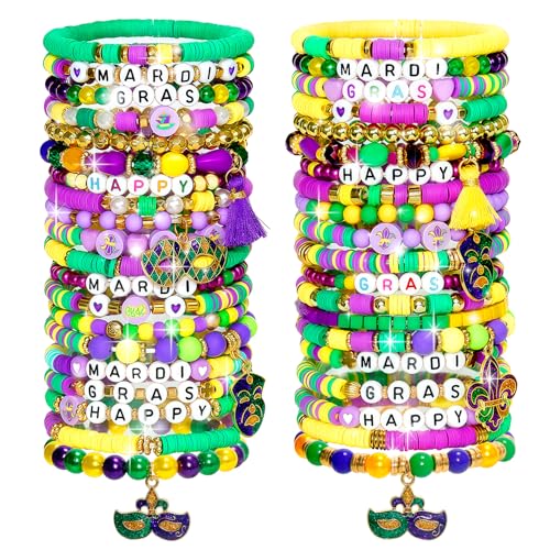 Shcsdr 40 Pcs Mardi Gras Beads Bracelets Bulk Glitter Mask Crown Fleur De Lis Stretch Stackable Friendship Bracelet for Women Carnival Parade Outfit Holiday Accessory Gifts Party Favor Supplies