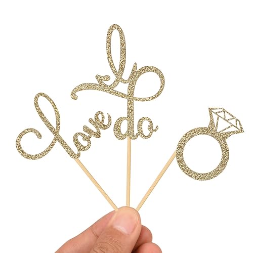 Miniatura 3 de Donoter 48 piezas de anillos de diamantes con purpurina dorada Love I Do para cupcakes para decoración de bodas, compromisos, fiestas de pasteles