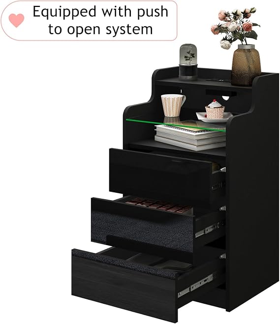 LED Bedside Cabinet with Charging Station, Side End Table with 3 Drawers, 2 AC Outlets, 2 USB Ports, High Gloss Drawer Fronts, for Living Room, Bedroom, Study, Modern, Black