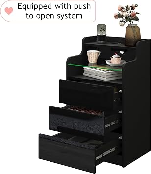 LED Bedside Cabinet with Charging Station, Side End Table with 3 Drawers, 2 AC Outlets, 2 USB Ports, High Gloss Drawer Fronts, for Living Room, Bedroom, Study, Modern, Black