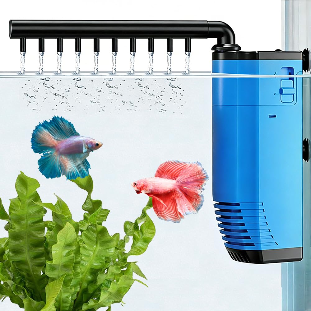 Small Fish Tank Filter, 3 in 1 Aquarium Filter, Internal Submersible Aquarium Filter for 30-80L Fish Tank, Low Noise, with Foam & Spray Rod, 210L/H, for Aquariums, Turtle, Fish, Shrimp, Blue