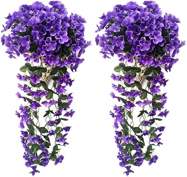 2PCS Artificial Plants Outdoor Indoor Hanging Baskets Artificial Flowers Drooping Violet Deep Purple Fake Hanging Plant for Wall Home Garden Yard Patio Wedding Indoor Outdoor Decoration