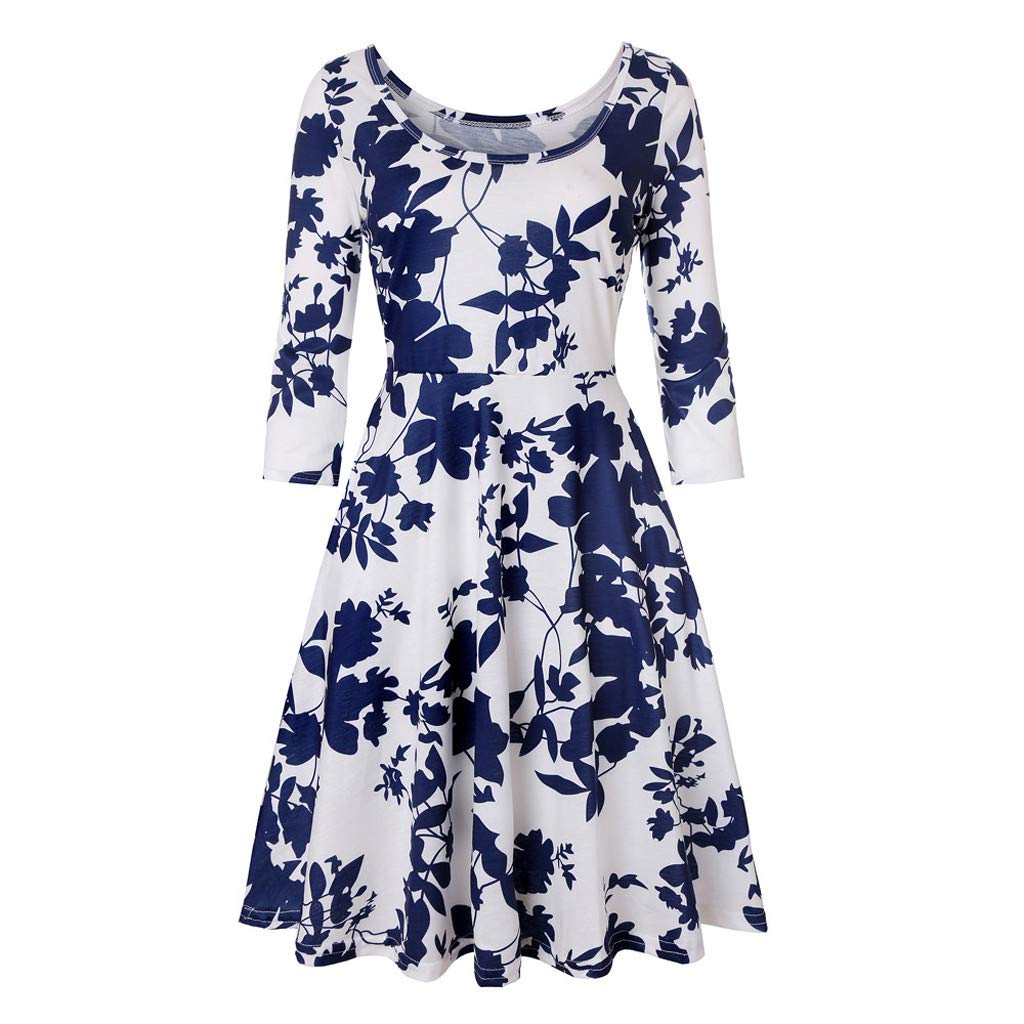 ANJUNIE Women Three Quarter Sleeve Floral Printing A Line Dress Casual Short Dress