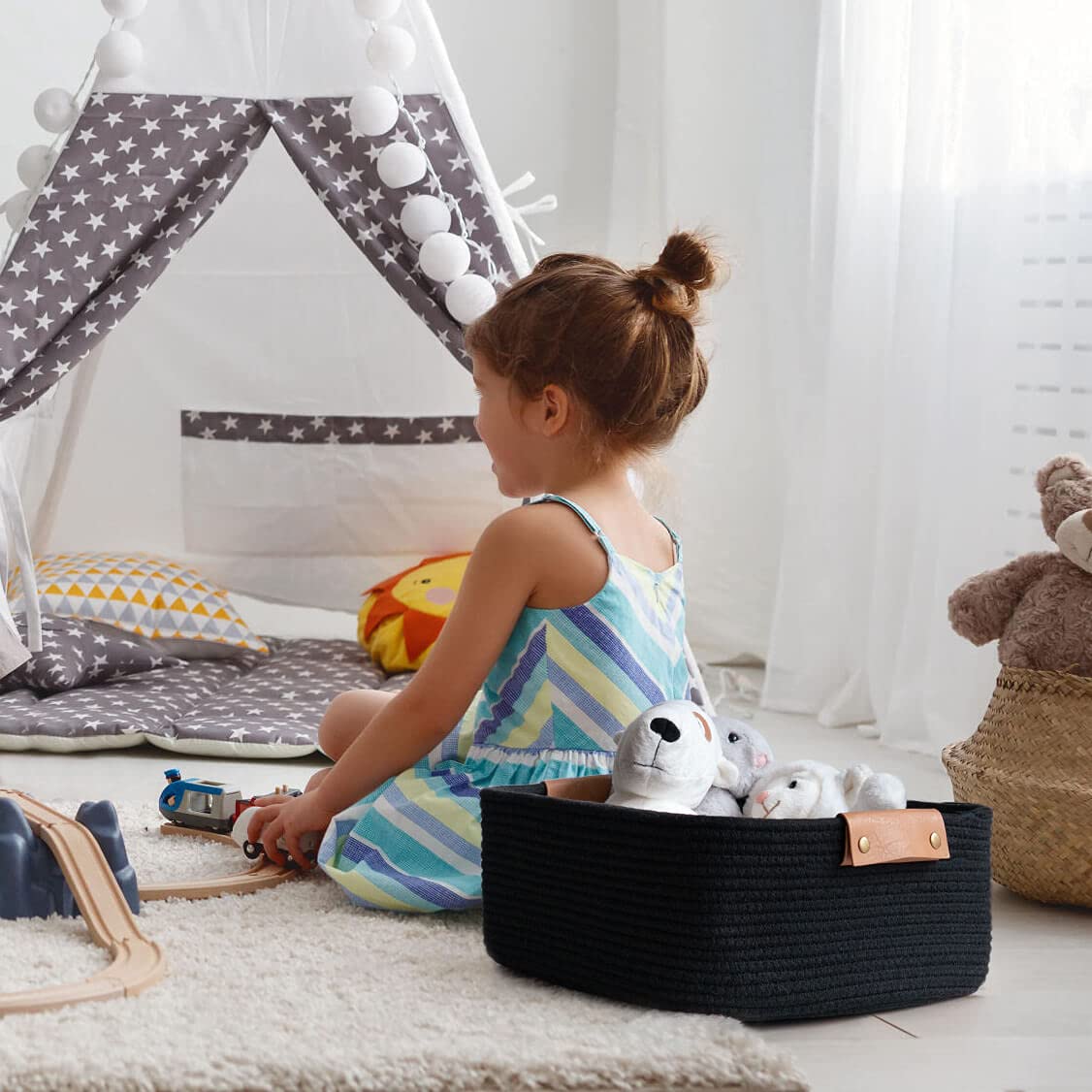 CHICVITA Cesto rettangolare in corda di cotone intrecciato con manici per libri, riviste, giocattoli, cestino decorativo rettangolare per cameretta dei bambini, soggiorno, bagno, nero