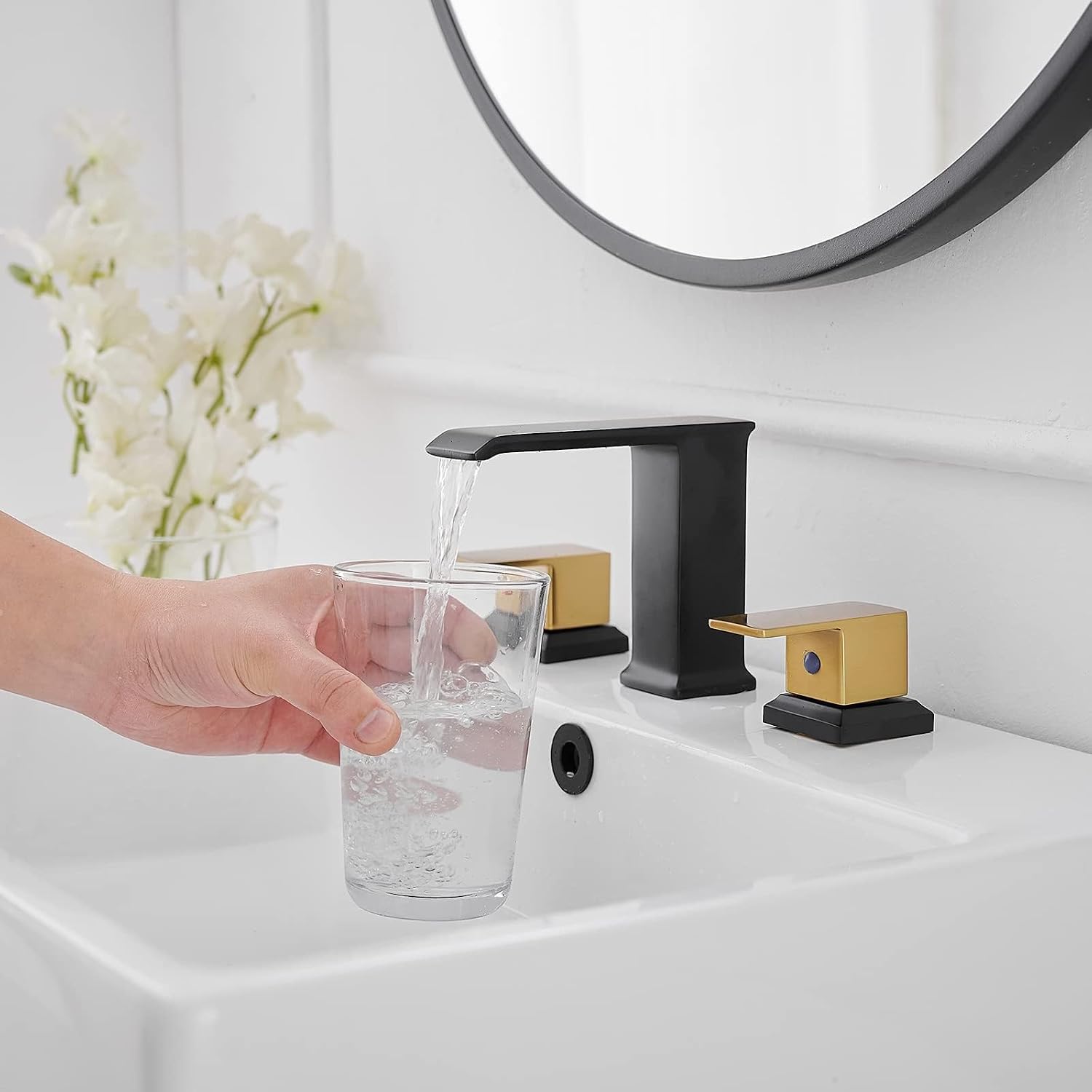 Widespread Bathroom Faucet Waterfall Gold and Black Bathroom Sink Faucet 3 Hole 2 Handle Modern Lavatory Basin Tap with Pop Up Drain