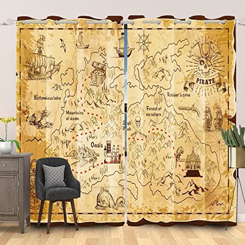 SDOTPMT Île Carte Rideau de la fenêtre Vintage Ancienne Carte Navire Pirate Nautique Carte au trésor secrète Histoire Rideaux de fenêtre pour Chambre Blocage léger Rideau 107x160cm , 2 Panneaux
