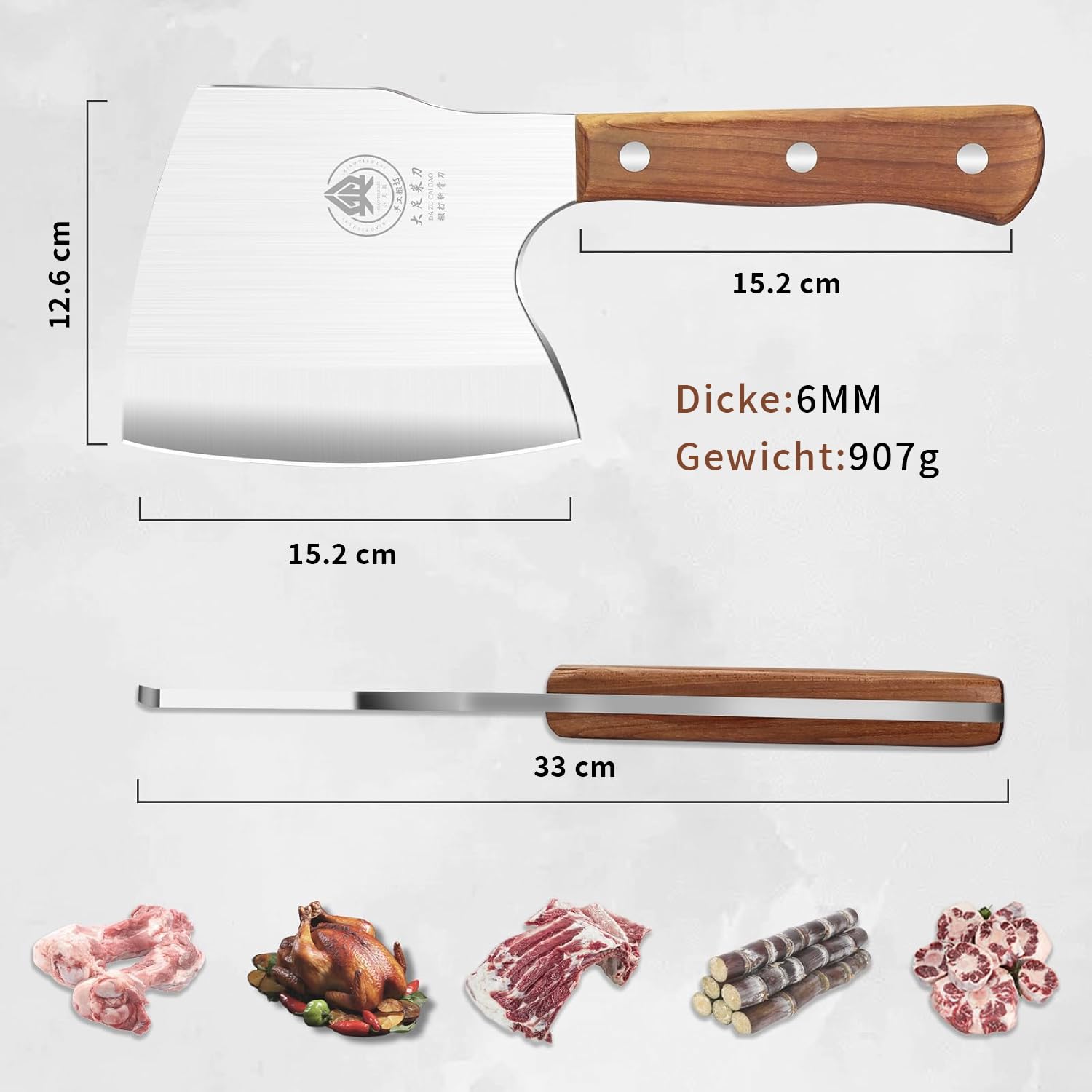 Plys Hackmesser 15cm Klinge Küchenbeil: Edelstahl Hackbeil Butcher Messer für Große Knochen und Fleisch Holzgriff