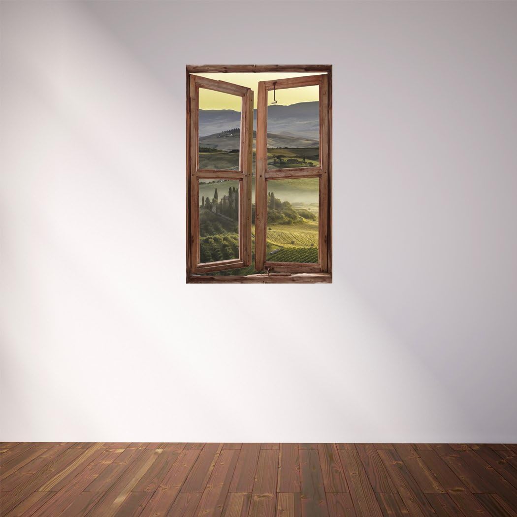RoyalWallSkins Window Wall Mural Beautiful View of the Misty Valley, Peel and Stick Fabric Illusion 3D Wall Decal Photo Sticker
