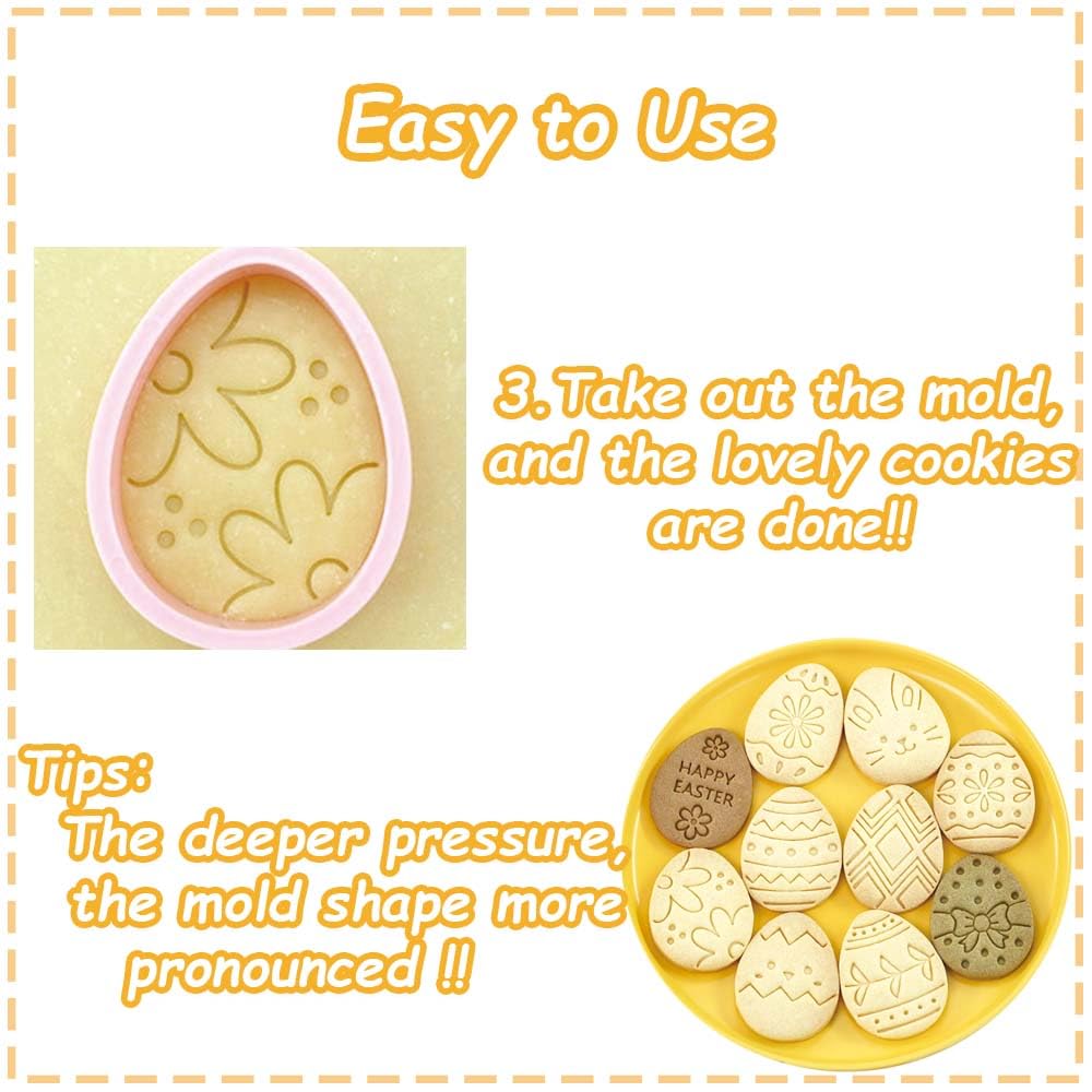 10 mini cortadores de galletas, sellos de galletas de diseño 3D elevado, mini moldes divertidos para huevos de Pascua, juego de cortadores de galletas de adorno de Pascua (huevo de Pascua, conejo)