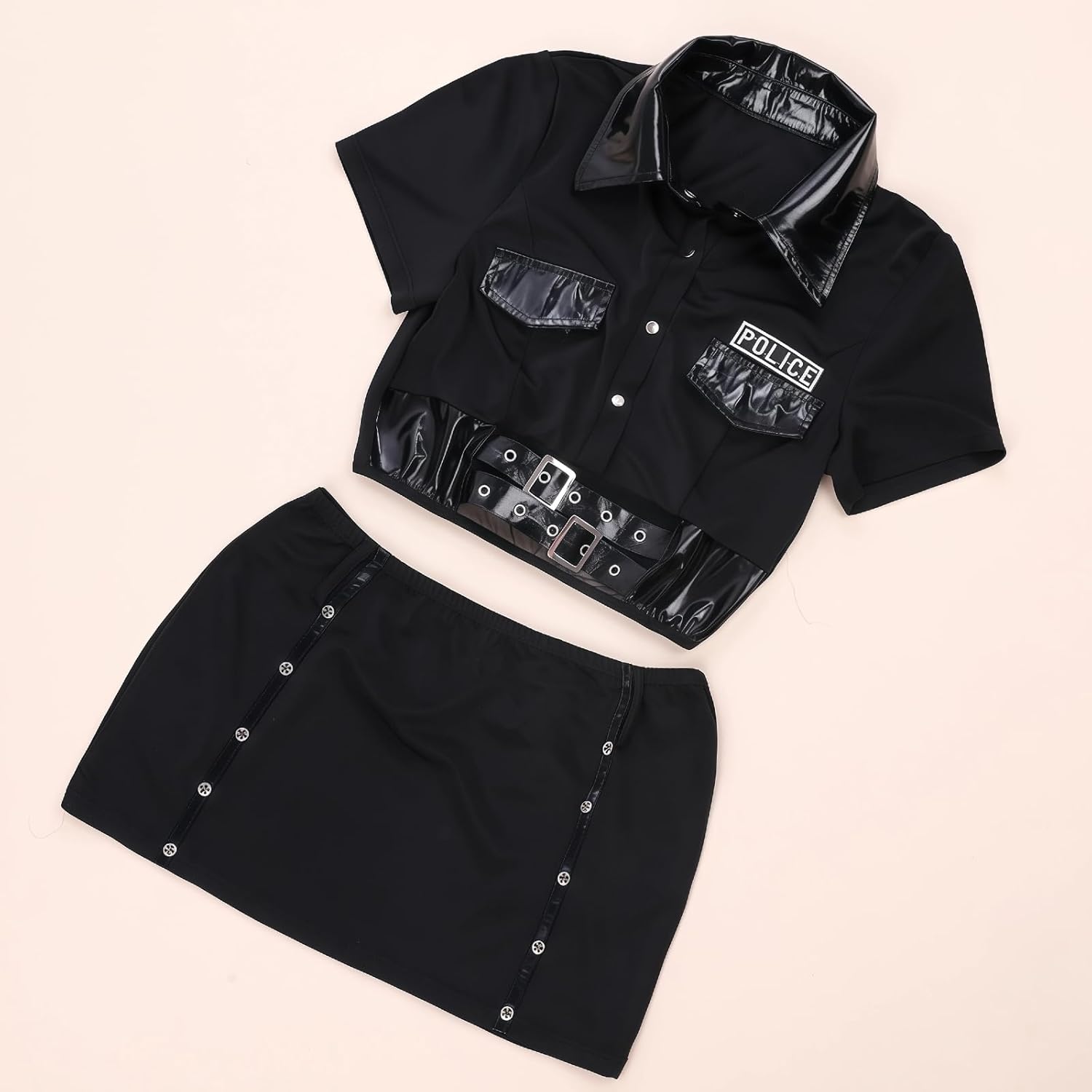 Sexy Police Lingerie Set Tempting 7-Piece Uniform with Hat Top Gloves Skirt Stockings Handcuffs Belt Glasses Black One-Size Fits Most Please Refer to Size Chart
