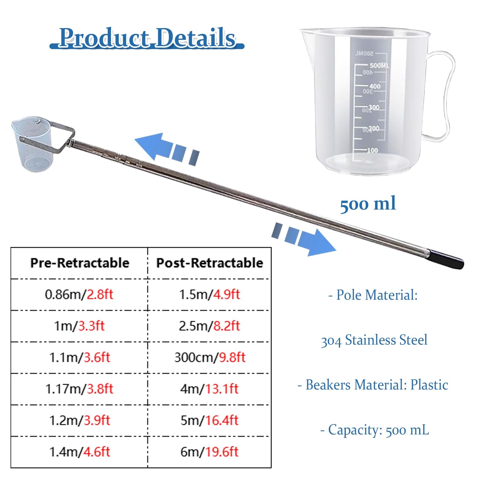 500ML Telescopic Water Sampler, Liquid Sampler Pole with Plastic Pendulum Beaker, Lightweight Extension Water Sampling Dipper System for Water Quality Sample Collection(Longest 2.5m/8.2ft)