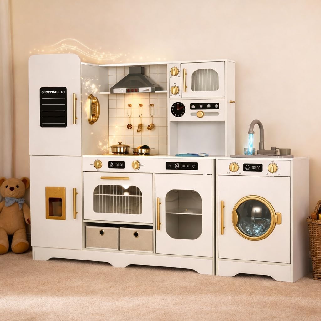 Amazon.com: Kiddokidz Interactive Wooden Play Kitchen for Kids, Extra ...