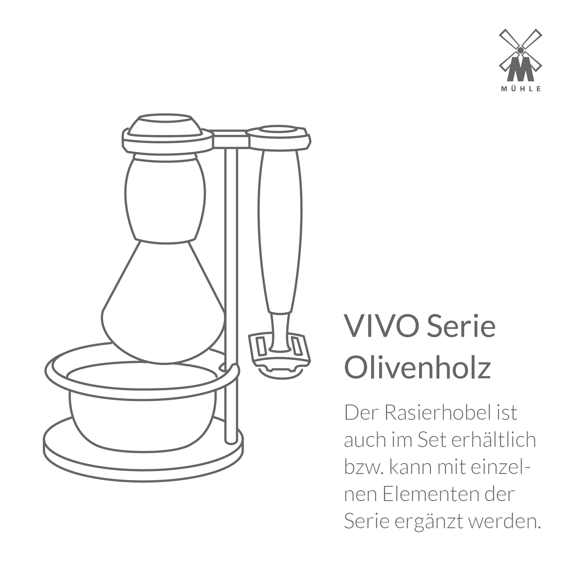 MÜHLE Vivo Rasierset - Rasierhobel, Rasierpinsel mit reinem Dachshaar, Halterung mit Schale, Griffe aus Olivenholz